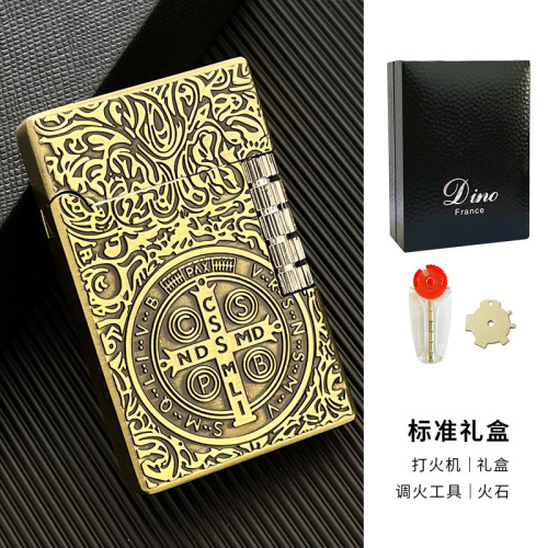  Engraved Tiger Head Constantine Gas Lighter with Retro Open Flame and Butane Gas, Complete Gift Box