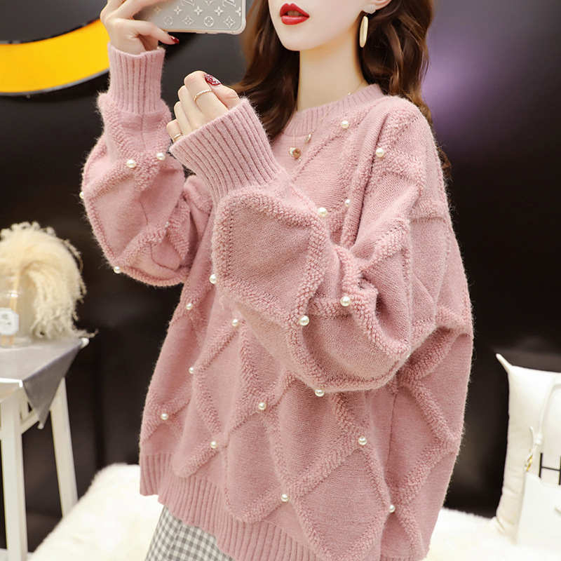 Diamond-Shaped Pearl Pullover Knitwear for Women 2025 Autumn and Winter New Style Fresh and Sweet Pure Color Loose Knitwear Long-Sleeved Jacket Diamond-Shaped Pearl Pullover Knitwear for Women 2025 Autumn and Winter New Style Fresh and Sweet Pure Color Loose Knitwear Long-Sleeved Jacket