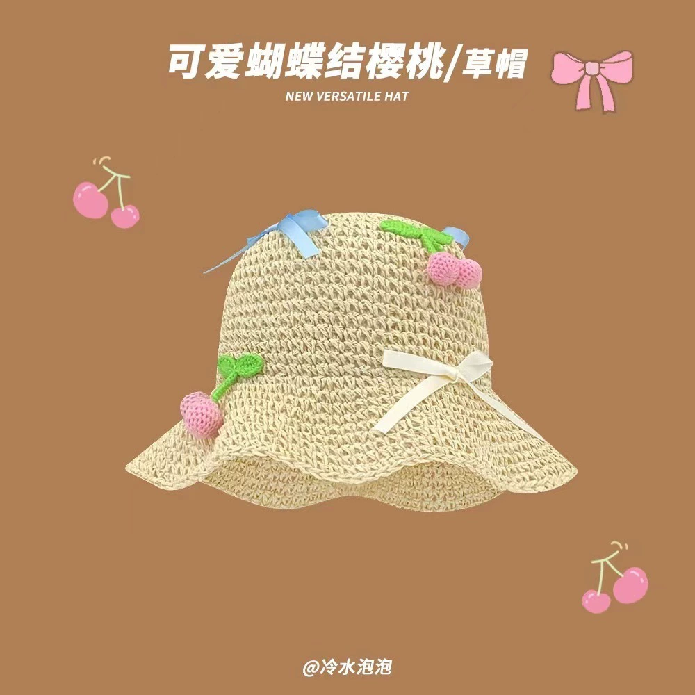 Соломенная летняя панама: защита от солнца, корейский стиль, 56–58 см; Cherry-beige, Cherry-khaki, с бантом beige/khaki