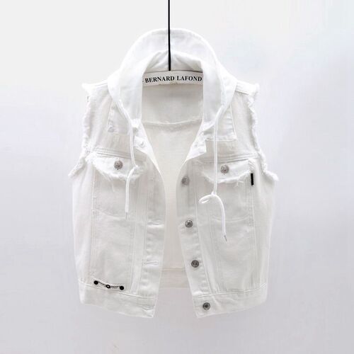 Women's Stylish Summer Jeans Vest, New Slimming and Versatile Korean Version Student Hoodie Sweatshirt, White Short Sleeve Outerwear