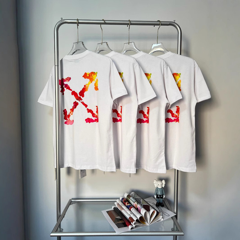 25SS Early Spring New OW Connedi Flame Half Sleeve Round Neck T-shirt Men's and Women's Couples Fashion