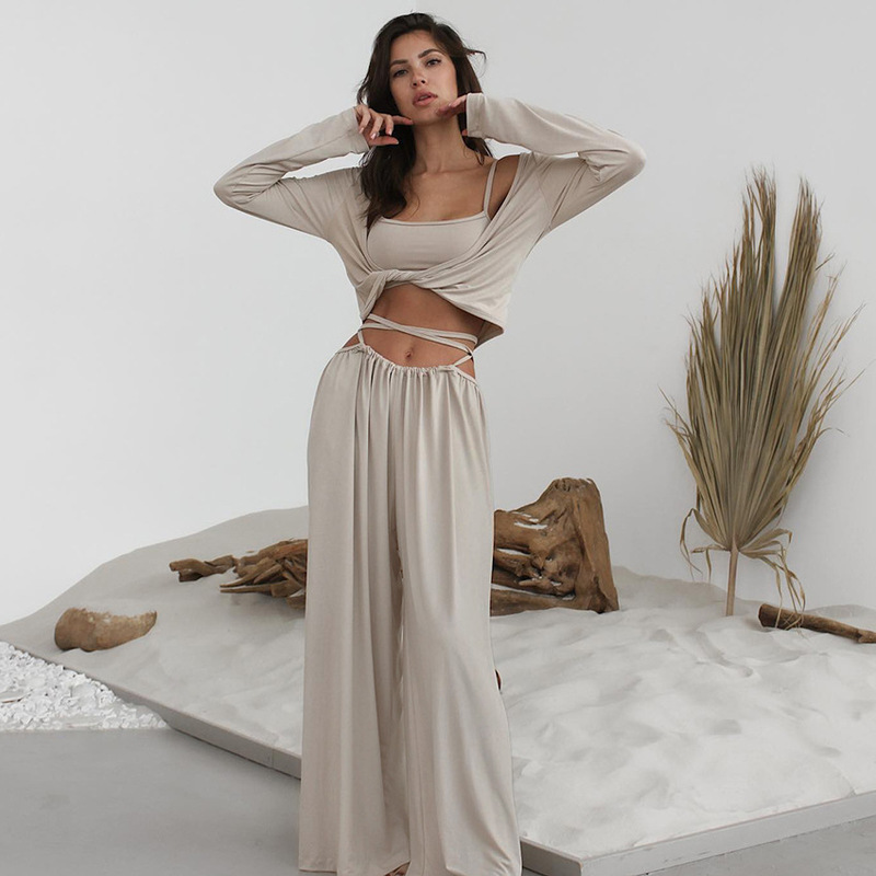 European and American Knitted Spring and Summer New Soft Breathable Loose Long-sleeved Underwear Pants Pajamas Three-piece Cross-border Home Clothes