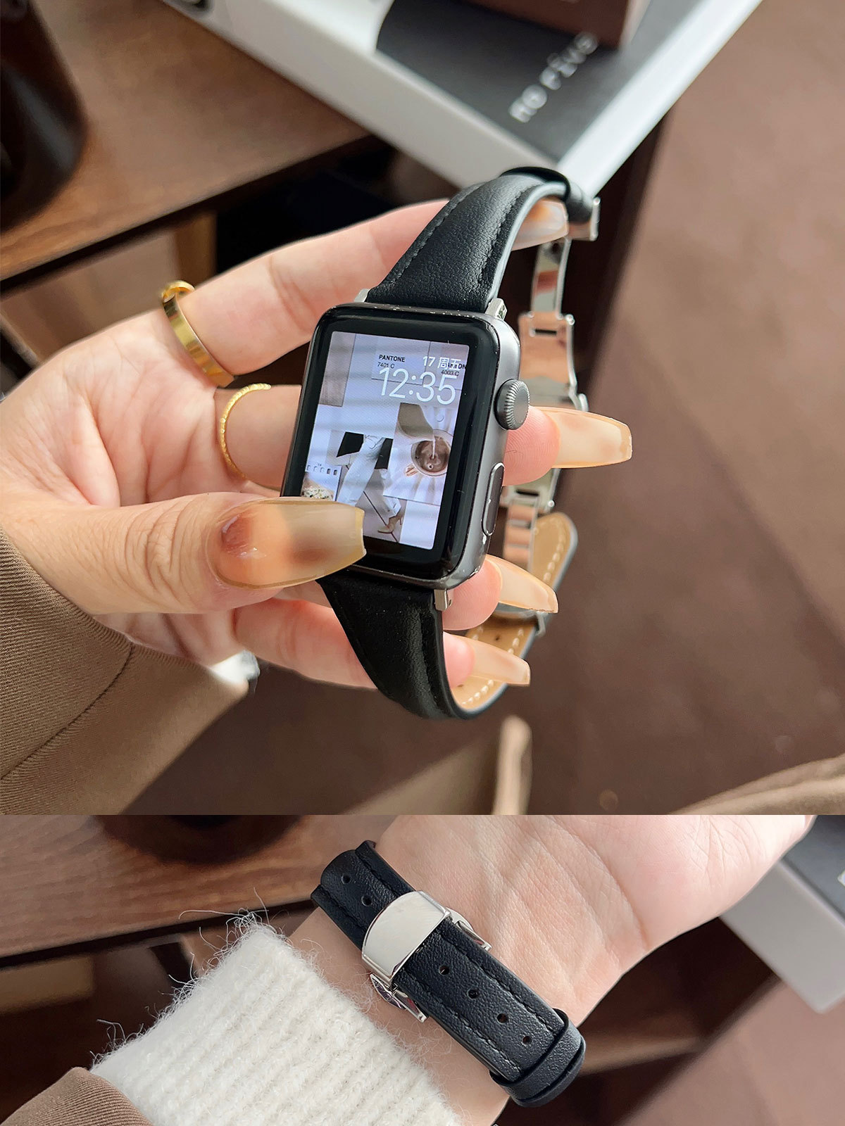 Nueva pequeña cintura adecuada para Apple Watch 8 Correa mariposa hebilla cuero fino watch765432 generación se