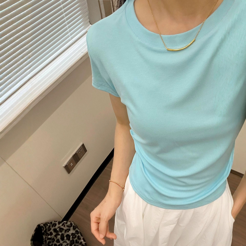 Solid color basic round-neck T-shirt with waist-cinching pleats, classic versatile design, simple and high-end, cool to the touch, regular shoulder, short sleeves, suitable for layering Solid color basic round-neck T-shirt with waist-cinching pleats, classic versatile design, simple and high-end, cool to the touch, regular shoulder, short sleeves, suitable for layering