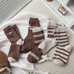 美拉德秋冬咖色系百搭條紋拼色女中筒襪學院英倫風堆堆襪襪子批發