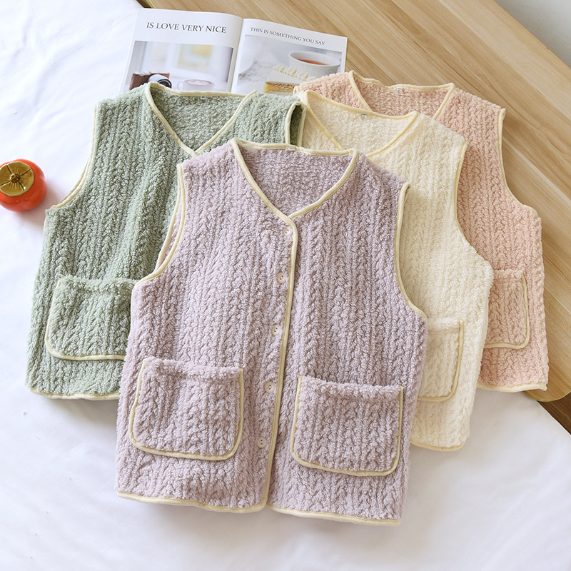 Autumn and Winter Flannel fleece-lined Vest Cardigan Coral Fleece Home Clothes Cardigan Solid Color Sleeveless Outer Wearing Warm Thickened