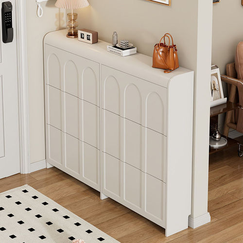 Cream-style ultra-thin tipping shoe cabinet for home use—ideal for entryways, leaning against the wall near the front door, this integrated storage unit doubles as a spacious shoe rack for your foyer.