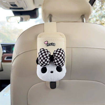 Car cup holder/beverage holder – holder for women - off-white-leather-cup-holder-with-hook-with-bow-and-panda-head-design
