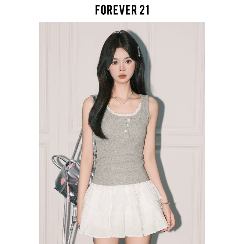 Forever21 Pure Desire Gray Faux Two-Piece Lace U-Neck Vest for Women, Early Summer Layered Camisole, Chic Slim-Fit Top Forever21 Pure Desire Gray Faux Two-Piece Lace U-Neck Vest for Women, Early Summer Layered Camisole, Chic Slim-Fit Top