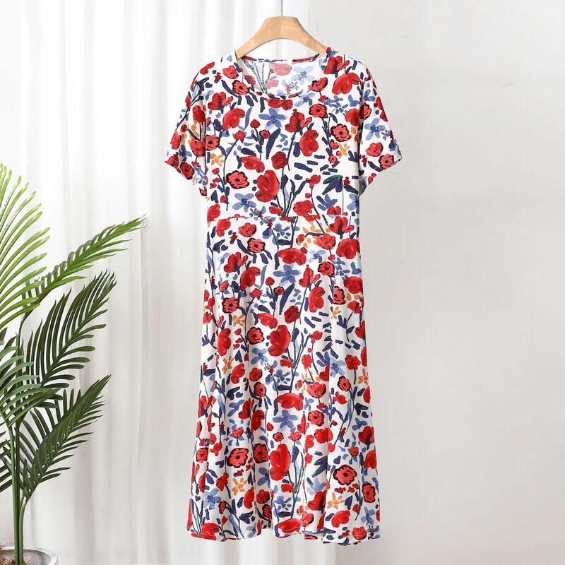 Summer New Style Cotton Printed Vintage Dress Round Neck Short-sleeved Large Dress Fashionable Simple Floral Long Dress