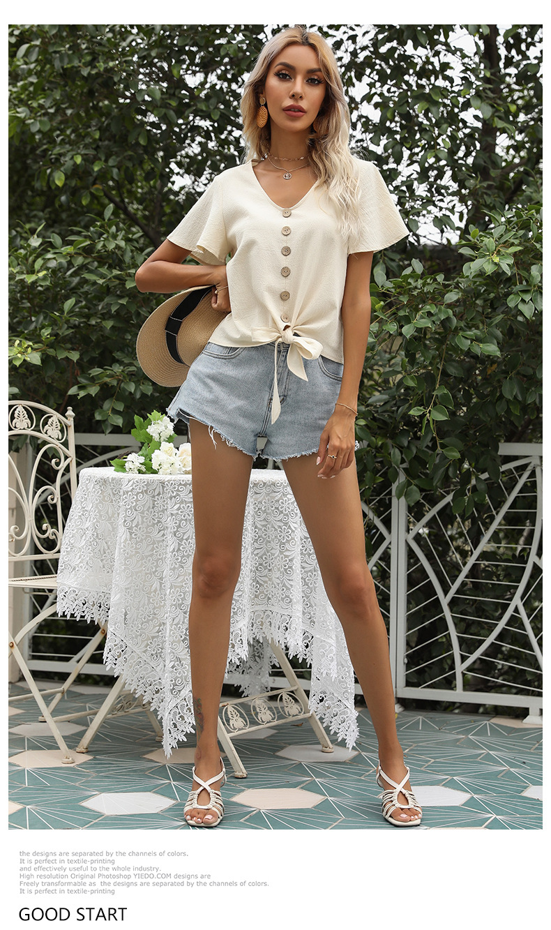 Camicia con lacci e papillon a tinta unita con scollo a V_voghion.com