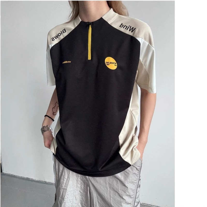 Half-Zip Contrasting Color Splicing T-Shirt for Men and Women Summer Outdoor Sports Sun Protection Training Jersey Cool Quick-Drying Short-Sleeved