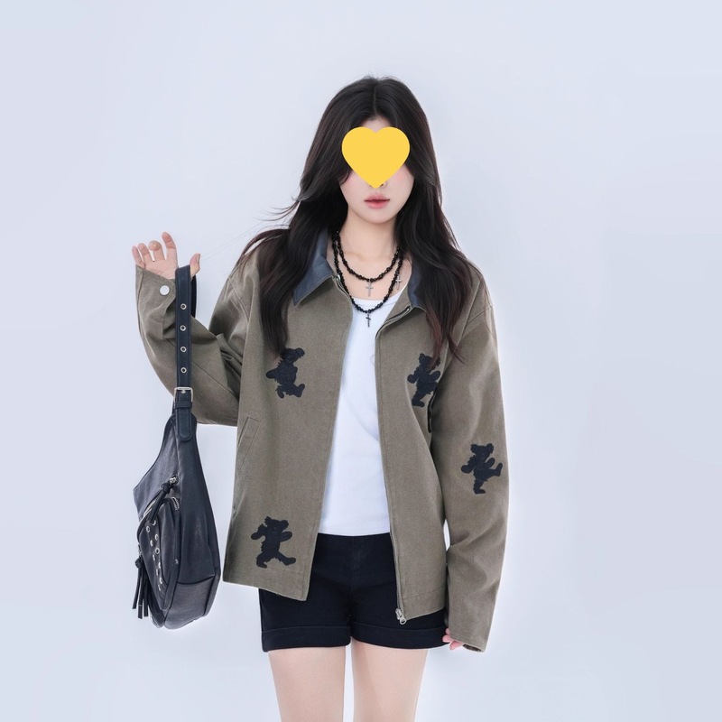 2025秋季新款美式复古卡通小熊刺绣牛仔外套女设计感宽松潮牌夹克|undefined