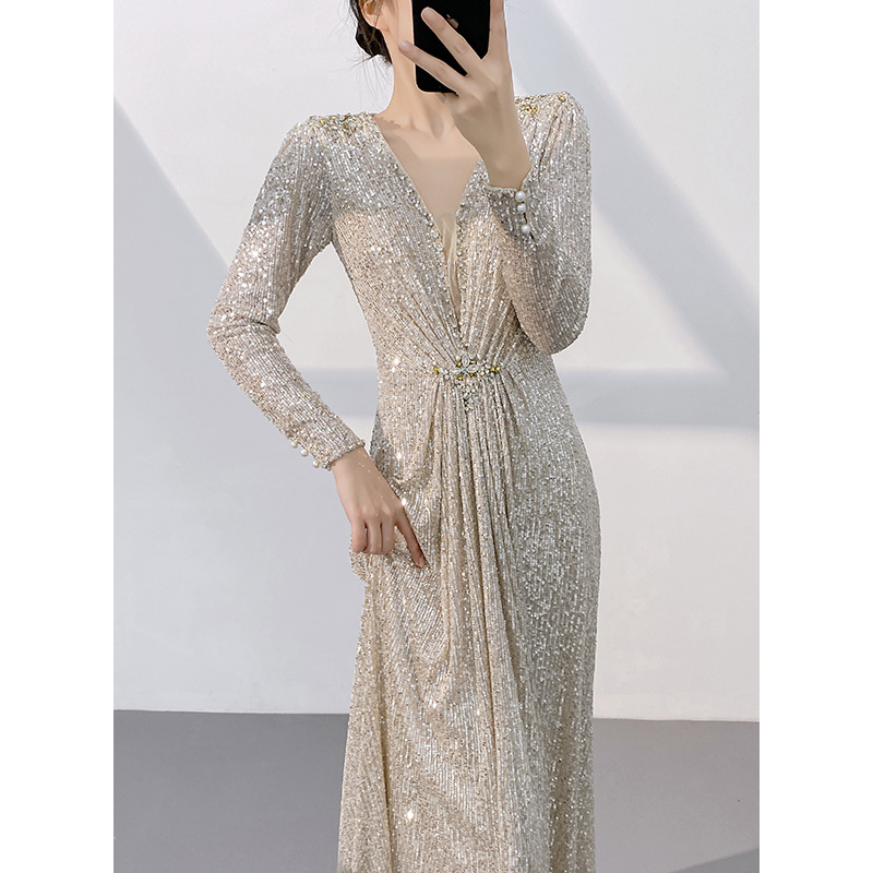 Silver Evening Gown New Style Long Sleeve Slim Fit Luxurious Sequins For Annual Meeting Host Art Exam Women's Party Wear_ecoleips.com