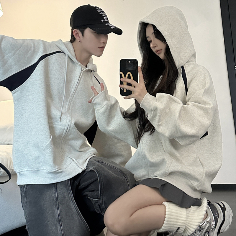 가을 2024 새로운 느슨한 커플 지퍼 가디건 후드 자켓 남녀