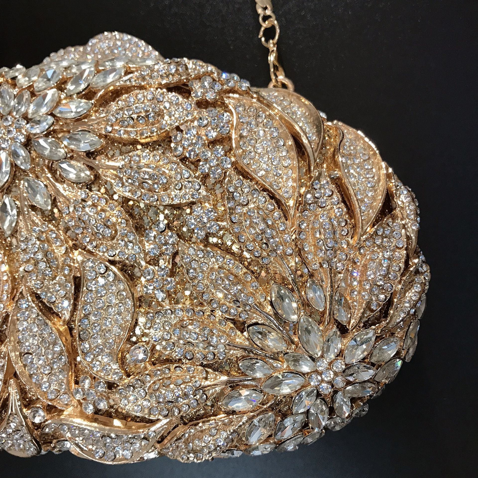 Magnetic Buckle Closure Type Chain Strap Type Evening Bag Bags Type Silver Champagne Rhinestone Metal Leaves Flower Hollow Diamond Oval Evening Bags