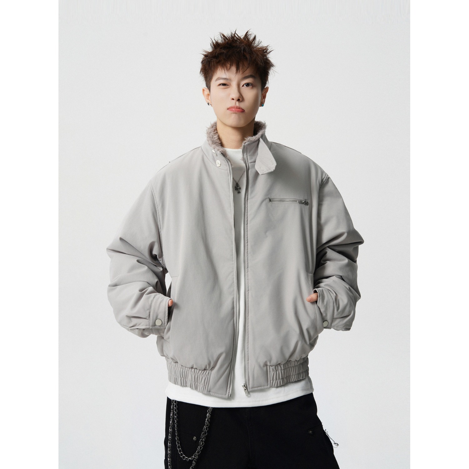水泥灰羊羔毛立领座山雕棉服男冬季cleanfit哈灵顿飞行夹克厚外套