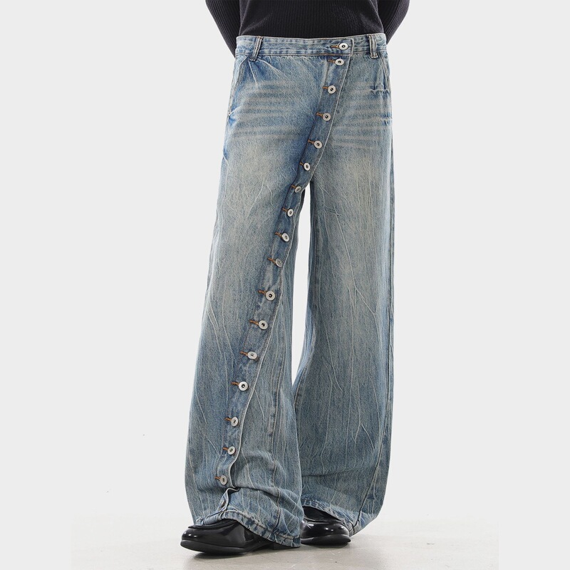 American Retro Washed Denim Jeans with Diagonal Placket Buttons, Slightly Flared, Unisex, Loose Fit, Heavy-Duty, Versatile, Casual Straight-Leg Pants