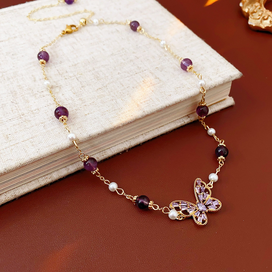 Zircon mariposa amatista pulsera de perlas de moda de viaje universal collar dulce conjunto de joyas de nicho de alta calidad