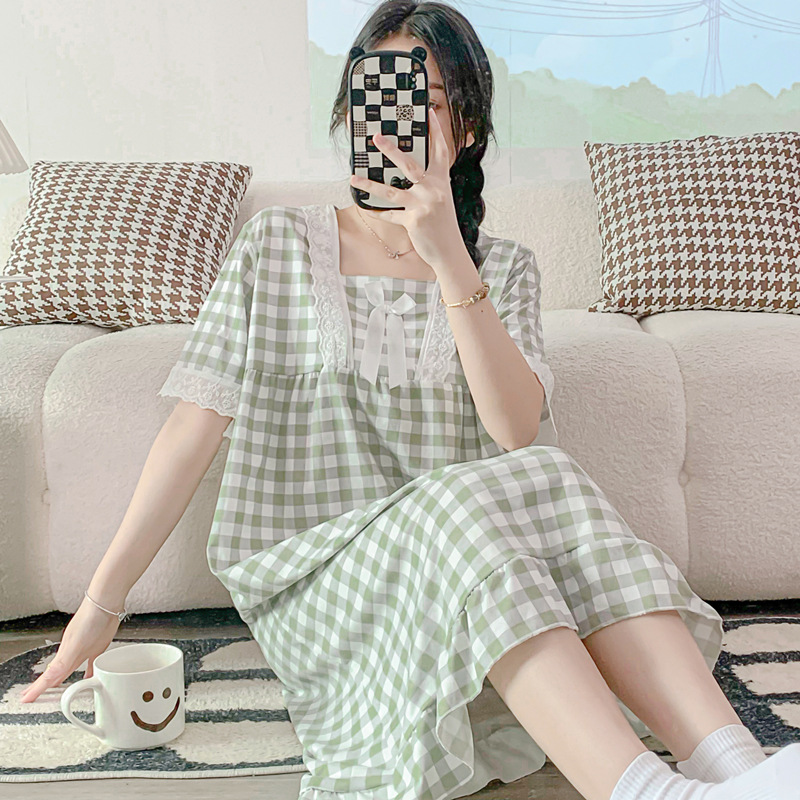 2023 verano Camisón de algodón artificial Plaid encaje ins princesa estilo dulce chica manga corta pijamas casual Home wear