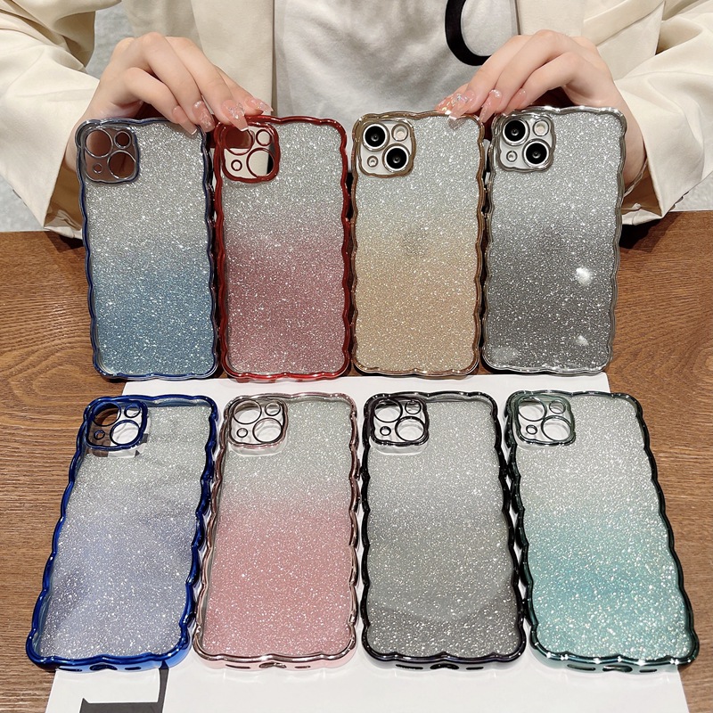 Suitable for iPhone 14 ProMax Gradient Pink Wave Pattern Phone Apple 13 Electroplated Full Package TPU Soft Case_voghion.com