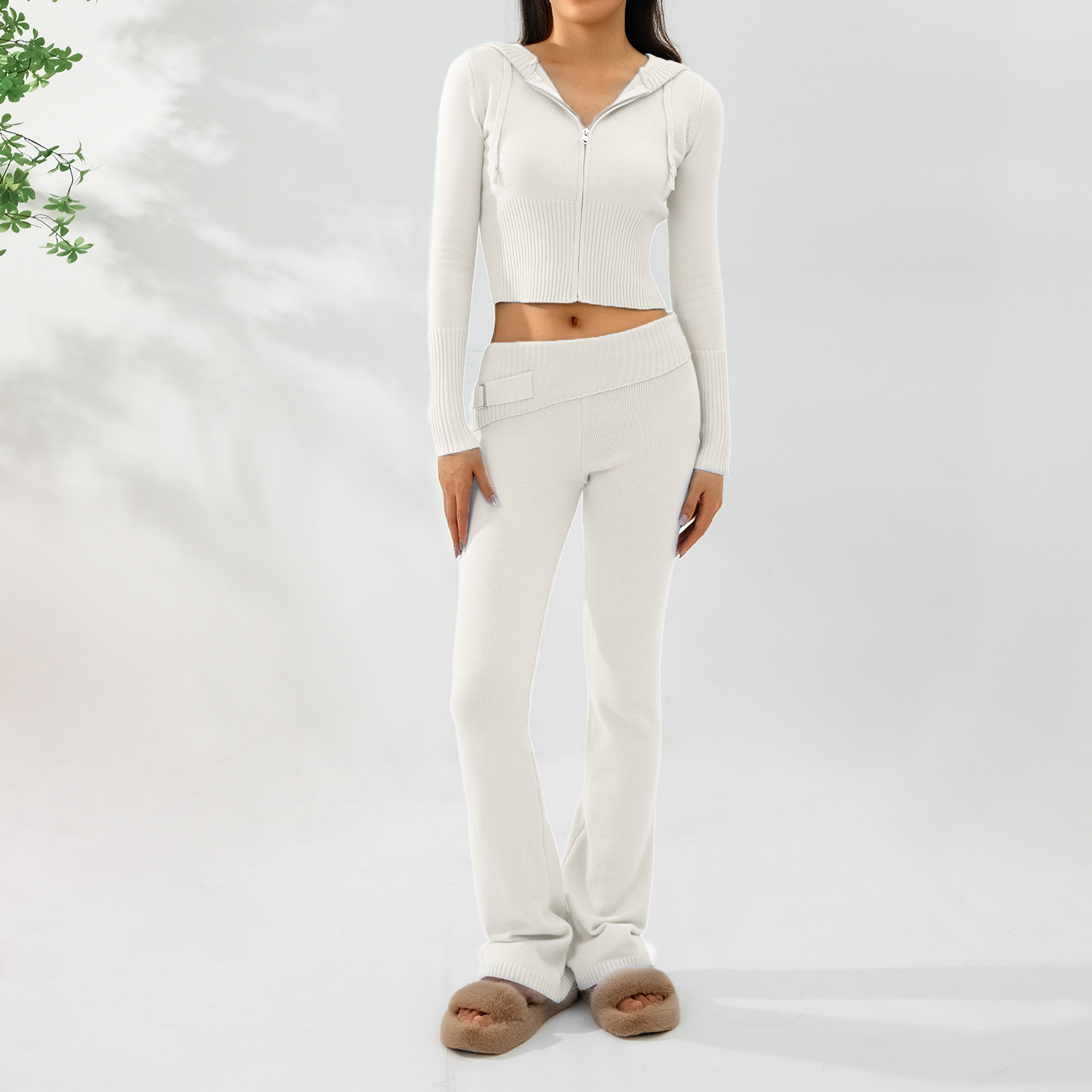 Ensemble deux pièces en tricot à capuche pour femme, pantalon sexy à manches longues et taille haute, à la mode_voghion.com