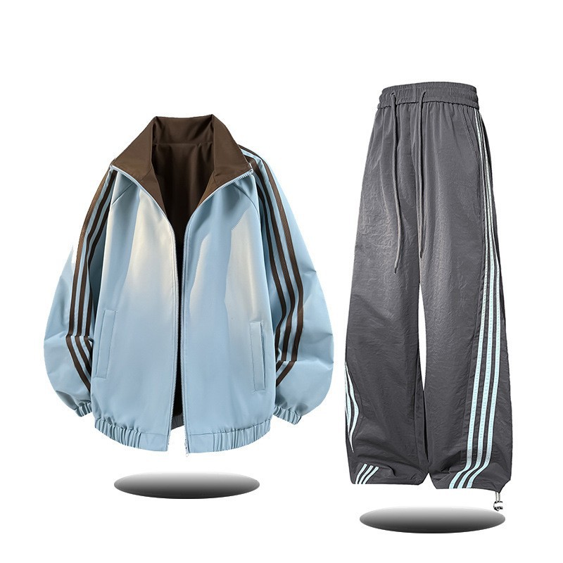 Korean-Style Striped Reversible Jacket Set, Spring and Autumn Trendy New Sports Loose Casual Men's Two-Piece Set