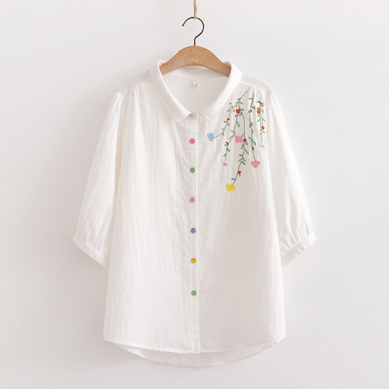 夏の綿ガーゼ七分袖シャツレディーストップスレトロ文学ルーズ刺繍シャツミッドスリーブカジュアルで多用途|undefined