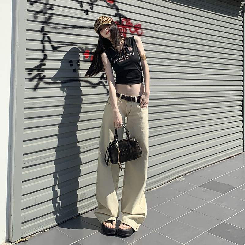 2025春新款米白色低腰牛仔裤女宽松显瘦小个子简约百搭直筒拖地裤|undefined