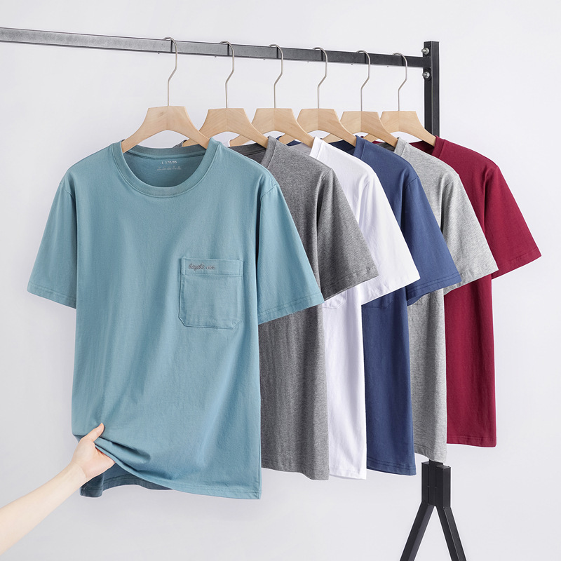 夏の男性半袖tシャツの新しい純綿通気性中年男性用丸首ポケットタイプ綿底シャツtシャツ|undefined
