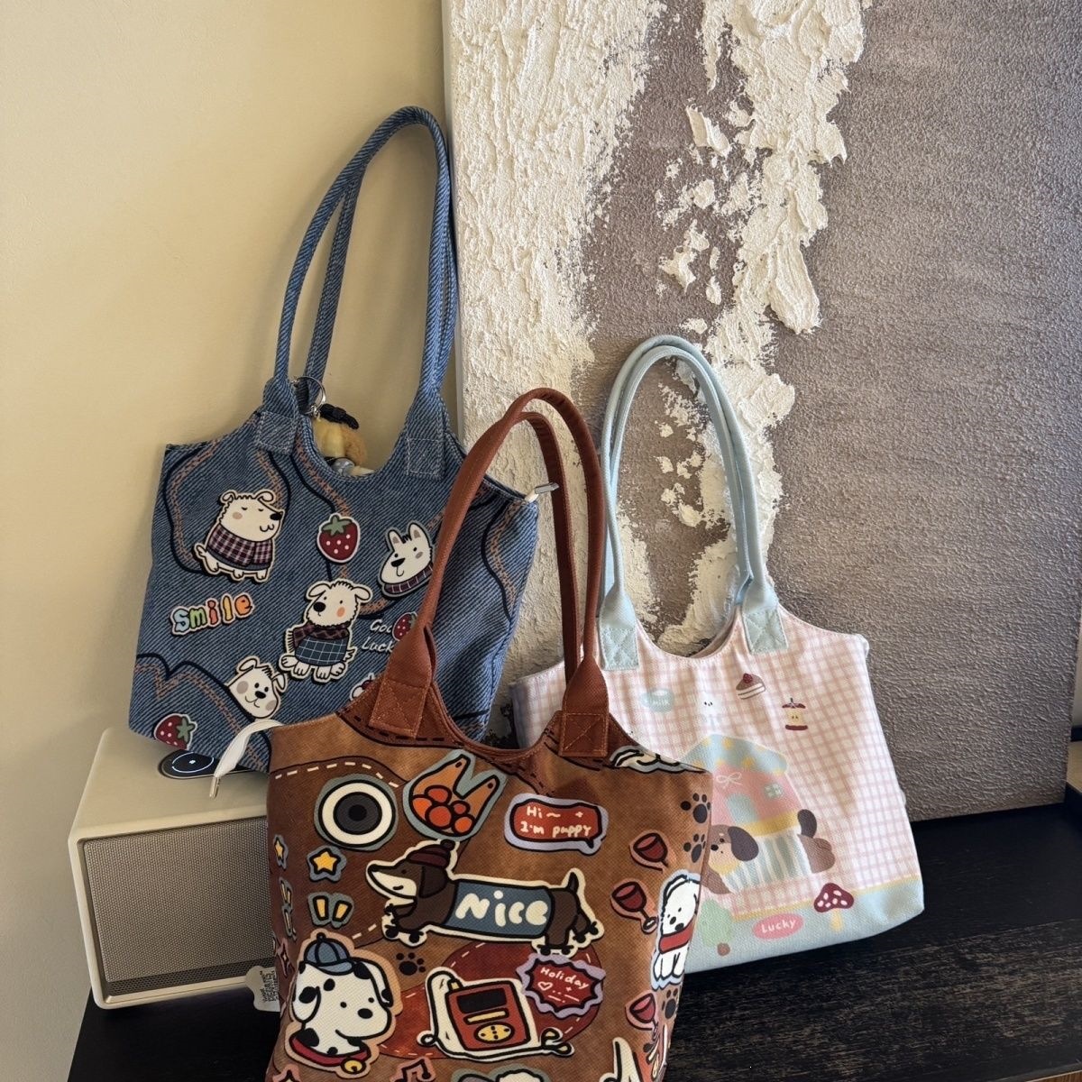 Tech Fabric Three-Color Illustration 3D Puppy Commuting Print Shoulder Bag (30.28.8) Blue Pink Brown W1