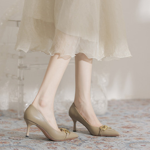 Metal Buckle 7cm High Heels for Women 2025 New Style French Leather Pointed Toe Shallow Mouth Stiletto Flats That Are Not Tiring for Women