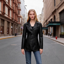 2025欧美中长款皮衣春秋长袖皮风衣英伦外套女翻领单排扣潮流爆款