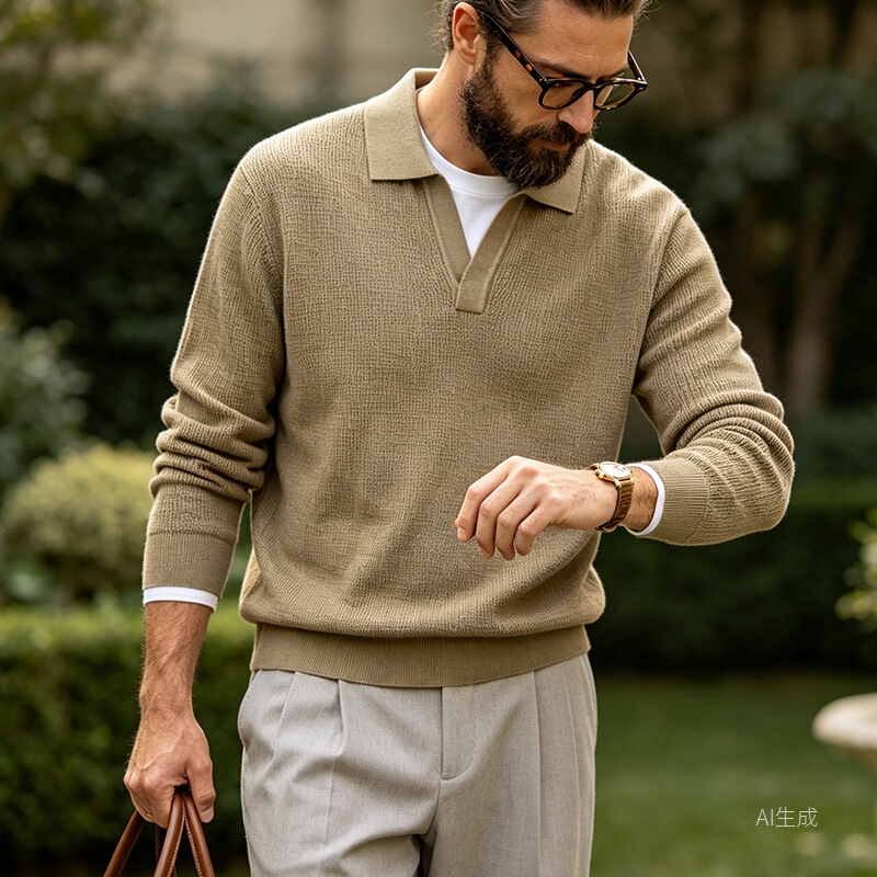 Italian retro-style wool Polo collar men's knit sweater, autumn and winter light business casual slightly loose V-neck sweater