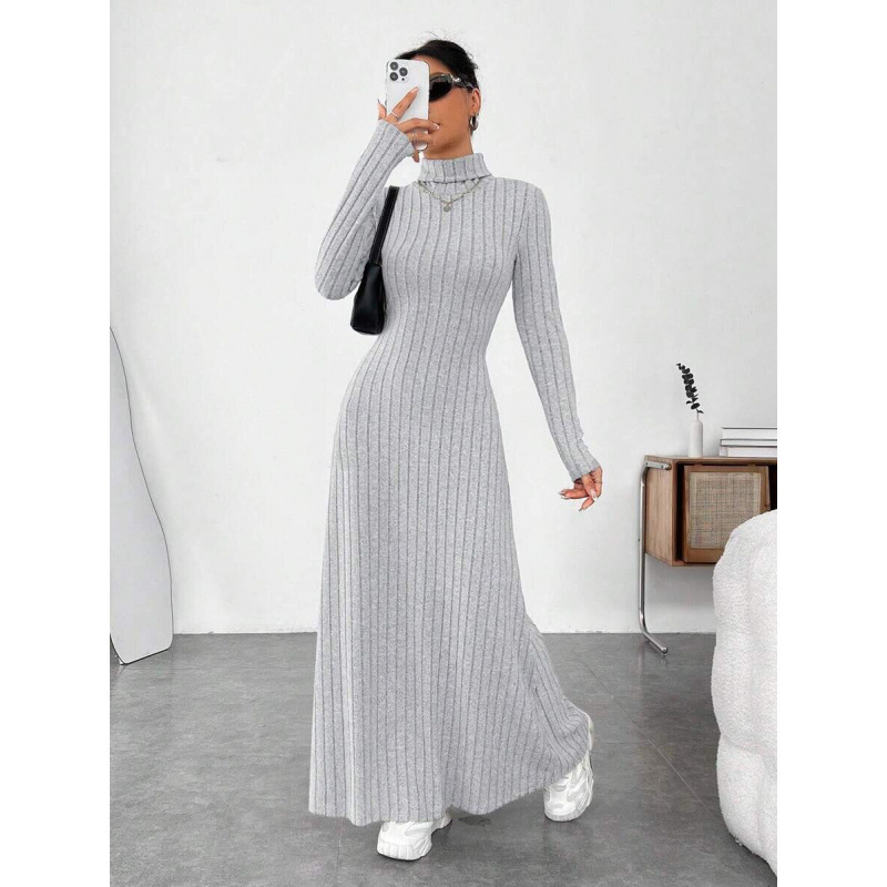 European and American Cross-Border Women's Clothing Autumn and Winter Elegant Slim-Fit High-Neck Fashion Solid Color Ribbed Brushed Long-Sleeve Dress New Style for Women