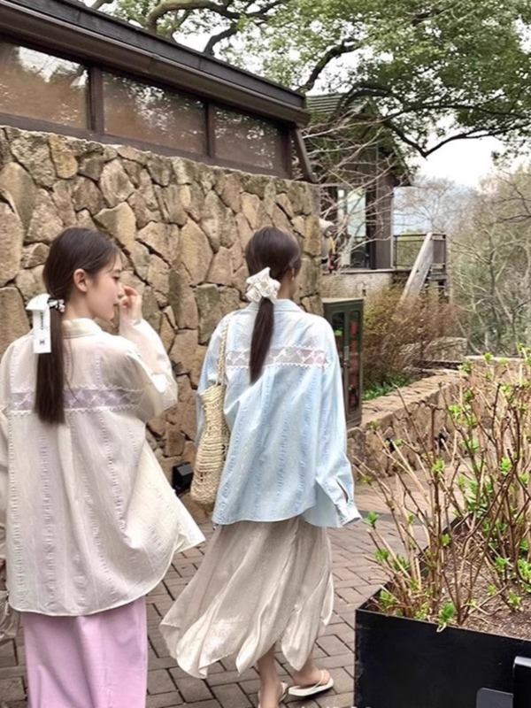 ブルーレースステッチ日焼け止めシャツジャケット女性の夏の小さなシャツカーディガンルーズ長袖トップ|undefined