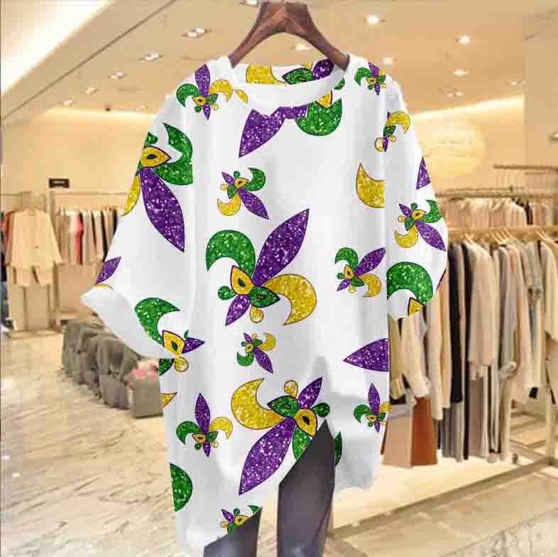 New Orleans Mardi Gras Party Printed Base Large Size T-shirt Loose Casual Outer Wear Couple's Mid-Sleeve T-shirt New Orleans Mardi Gras Party Printed Base Large Size T-shirt Loose Casual Outer Wear Couple's Mid-Sleeve T-shirt