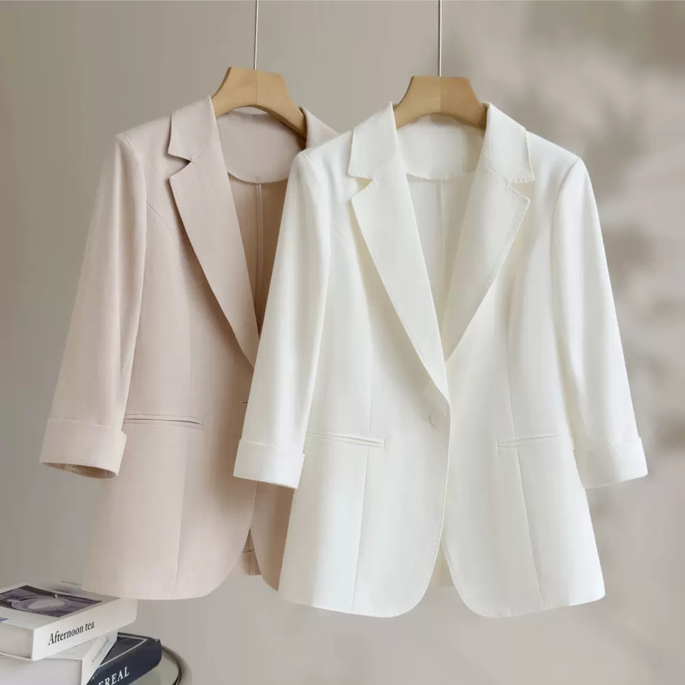 七分袖小西装女2026春夏薄款休闲外套小个子通勤百搭白色西服上衣