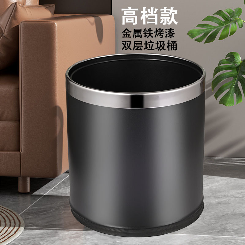 黑色金属垃圾桶商用双层垃圾桶无盖酒店防火阻燃不锈钢垃圾桶批发