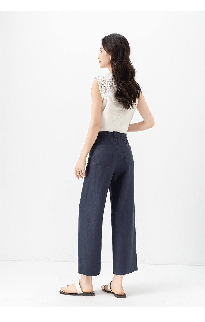 Quần ống rộng Tencel cạp cao dáng suông vải lanh mùa hè — Màu tím-Thông thường (25327) chi tiết 31