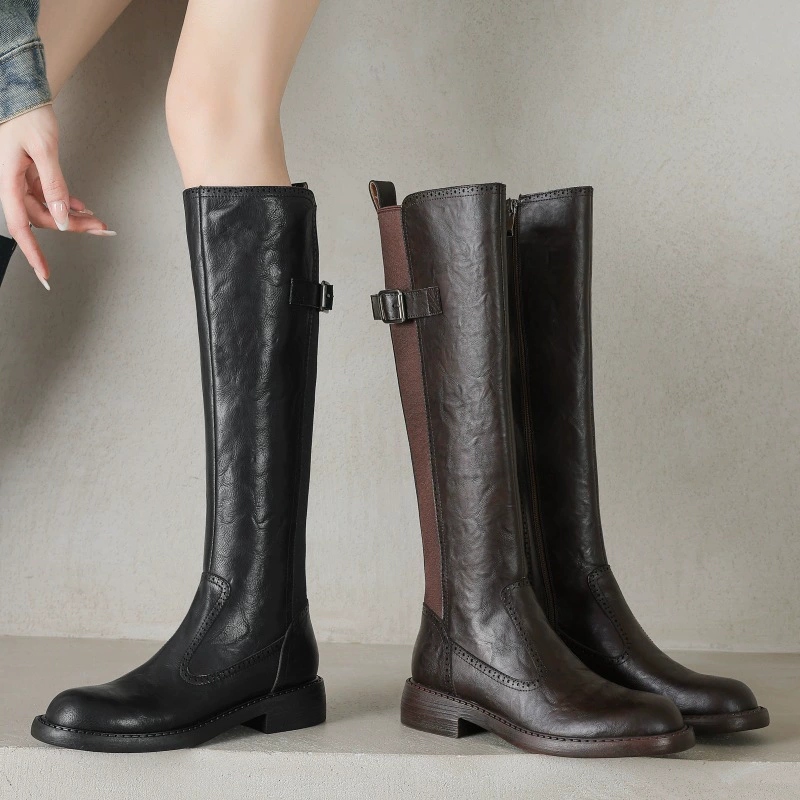 Fleece demi-season leather high boots