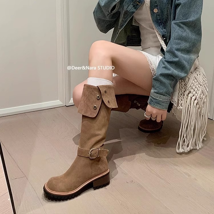 Bottes de cowboy pliables à deux vêtements pour femmes en automne et en hiver, rétro, bout rond givré, bottes de cowboy occidentales marron à talons mi-hauts, bottes longues_voghion.com