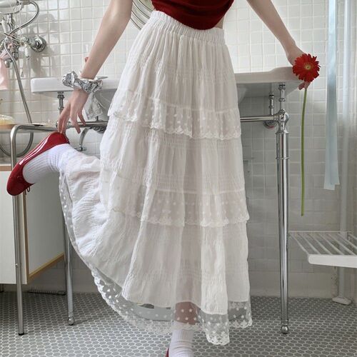 White Semi-Body Skirt for Women, Design-Focused Lace Edge Tiered Cake Skirt, Spring and Summer High-Waist French Style Maxi Dress with Large A-Line Skirt