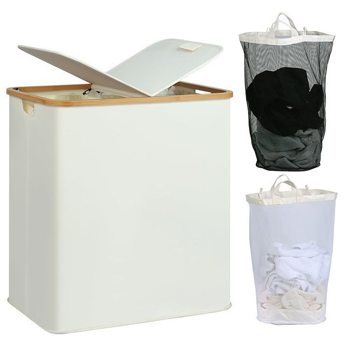 Artefact de almacenamiento para el hogar Tela de bambú de doble apertura Cesta de ropa sucia Cesta de almacenamiento simple y de gran capacidad Cesta de ropa sucia de doble compartimento