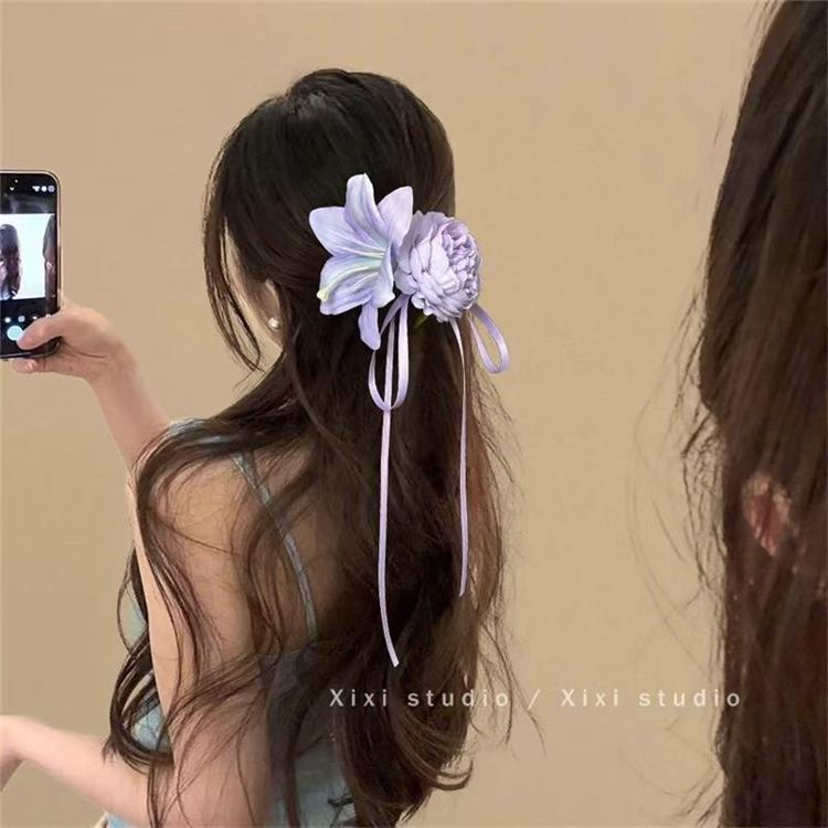 夏の優しい紫色の牡丹の花のリボンリボンヘアピンフォレストスタイル甘い模擬花サイドクリップ雰囲気帽子|undefined