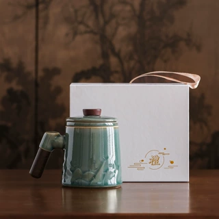 青釉山石侧把哥窑水杯茶水分离泡茶杯简约礼盒家用喝水杯商务礼品