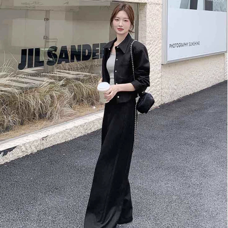黑色高腰微喇休闲裤两件套装女2025年秋季新款老钱风气质短款外套|undefined