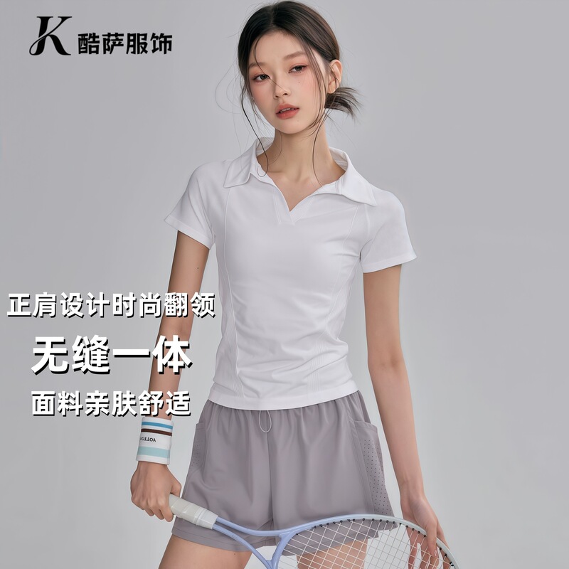 Quick-dry sports top for women, summer regular shoulder polo collar yoga wear, short-sleeve tennis running training fitness set, new