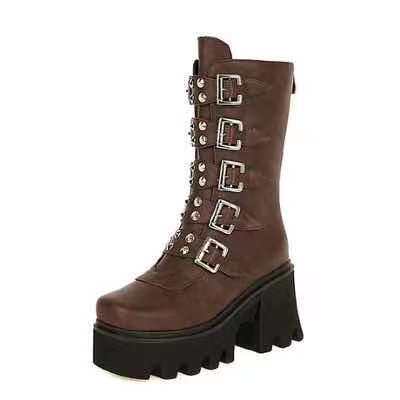 2021 Independent Station Boots European and American Metal Buckle Thick Bottom High Boots Women's Amazon Large Size Women's Boots