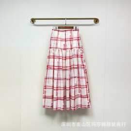 26复古温柔风红色格纹撞色拼接半身裙女夏季高腰显瘦字裙长裙